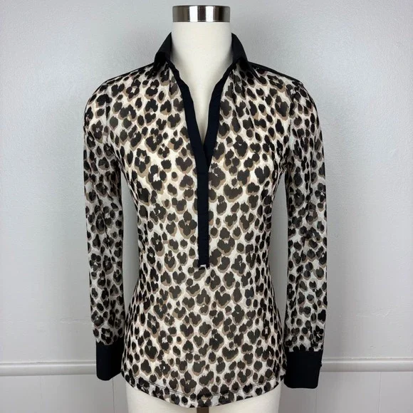 Anatomie Gem Mesh Leopard Print Blouse Size S Collar Long Sleeves Y-Neck Travel - Picture 1 of 14
